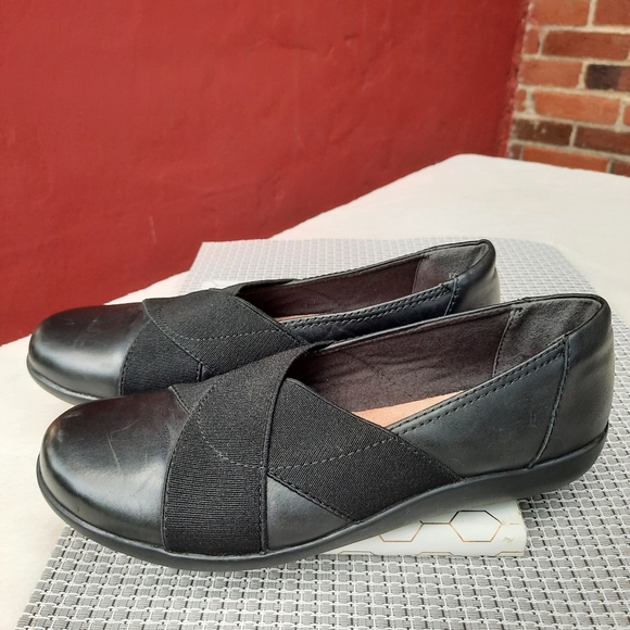Clarks Medora Jem Stretch Cross Strap Flats Slip On Comfort Loafers 7 Black - Picture 1 of 9